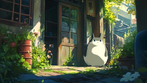 Round creature outside sunlit shop in overgrown alleyway.