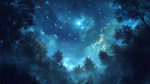 Moonlit forest canopy under deep star-filled night sky.