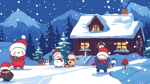 Snowy cartoon cabin with winter characters at night time.