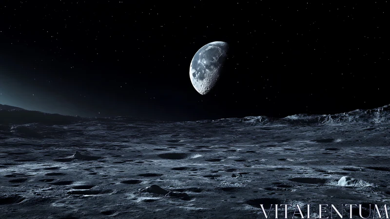 Lunar surface panorama under crescent Earth-lit horizon glow.