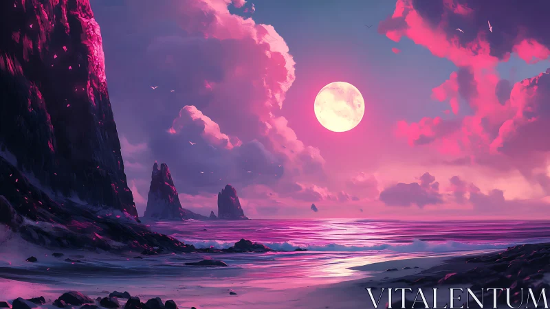 Neon moonrise bathes surreal ocean cliffs in radiant pink glow