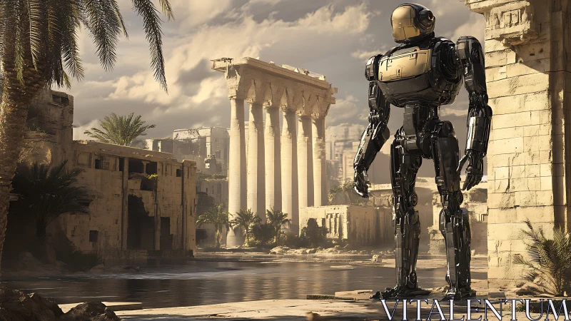 Towering robot quietly contemplates sunlit ancient ruins