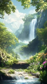 Lush mountain gorge with cascading multi-tiered waterfall.