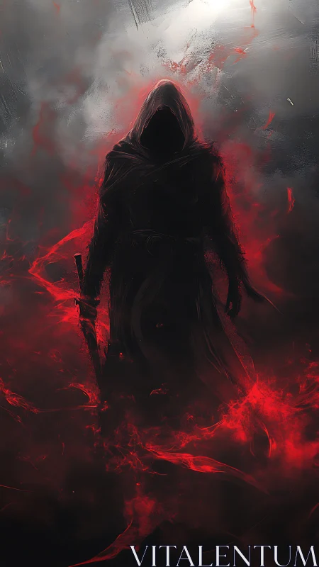 Hooded shadow figure in red mist against stormy light.