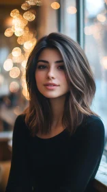 Soft-lit café muse framed by golden bokeh daydreams.