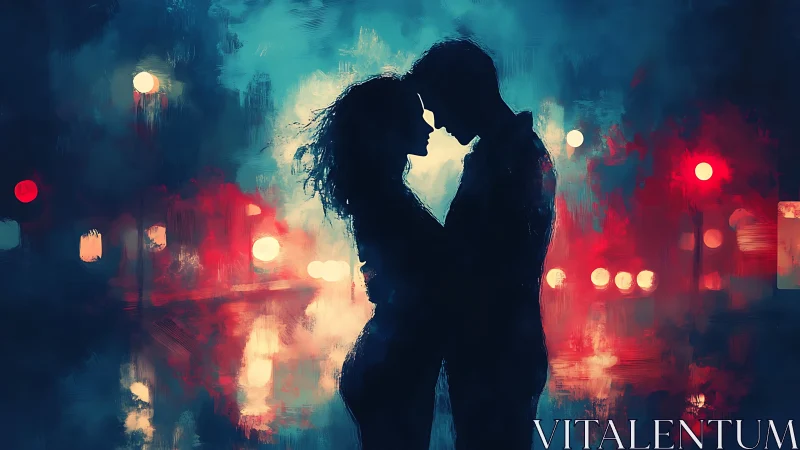 Urban Romance: Silhouetted Couple Amid Neon Lights.