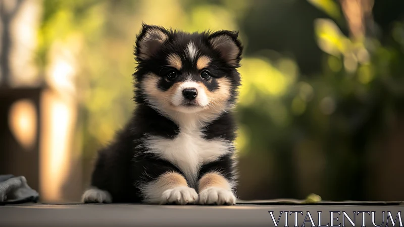 Fluffy tricolor puppy resting on sunlit patio floor.
