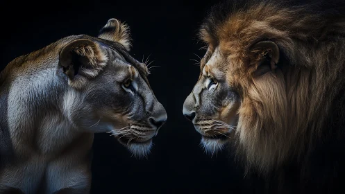 Lion and Lioness Face Off in Dramatic Portrait.