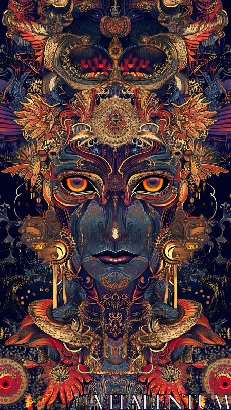 Symmetrical ornate face with mechanical and floral motifs.