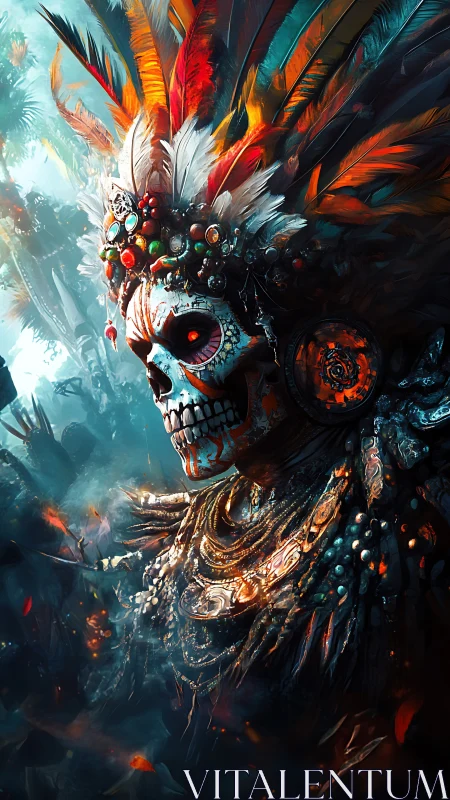 Ember-plumed skull warlord crowned in jungle relics.