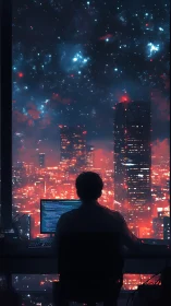 Programmer at workstation facing illuminated night skyline.