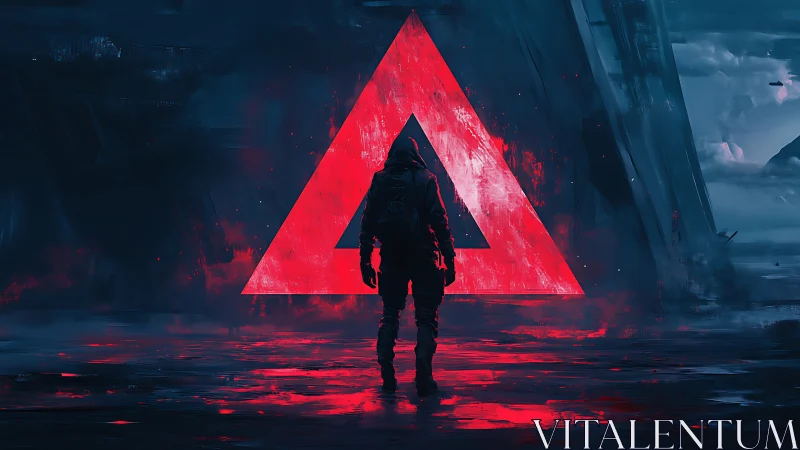 Crimson triangle hums while lone wanderer studies its glow