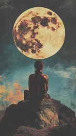 Solitary dreamer gazes at a colossal glowing moonscape.