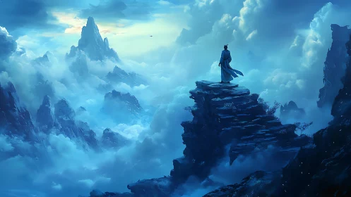 Solitary wanderer surveys ethereal blue mountain clouds.