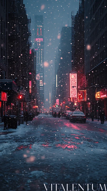 Neon-lit winter avenue renders cinematic nocturnal snowfall