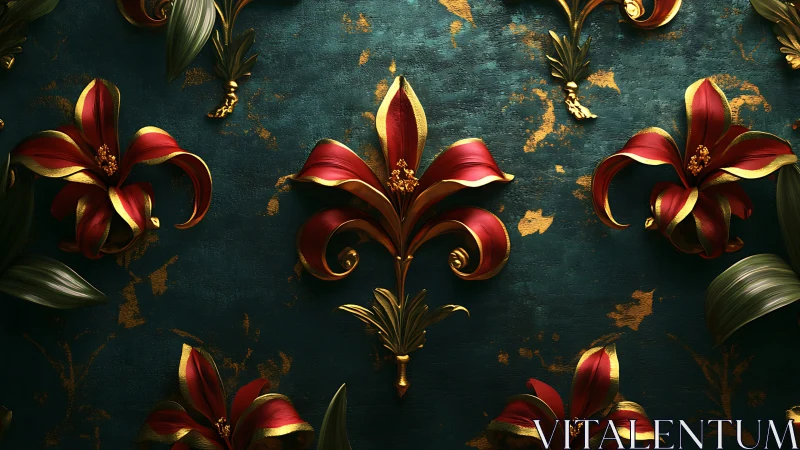 Gilded Floral Dynasty: Red Petals Crown Tarnished Jewel.