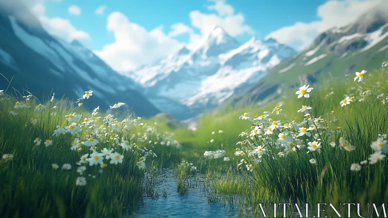 Mountain stream crosses alpine meadow with white wildflowers