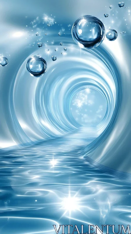 Liquid starlight spirals through a shimmering aqua tunnelway