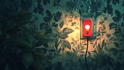 Tiny wall lamp blooming on moody jungle wallpaper glow.