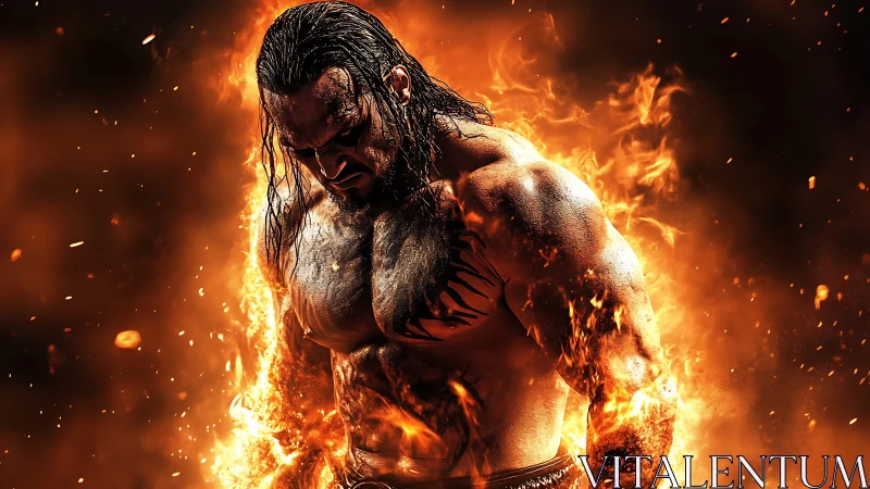Muscular male figure stands engulfed in vivid orange flames