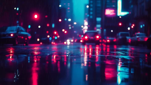 Neon city street glows through rain-soaked night reflections