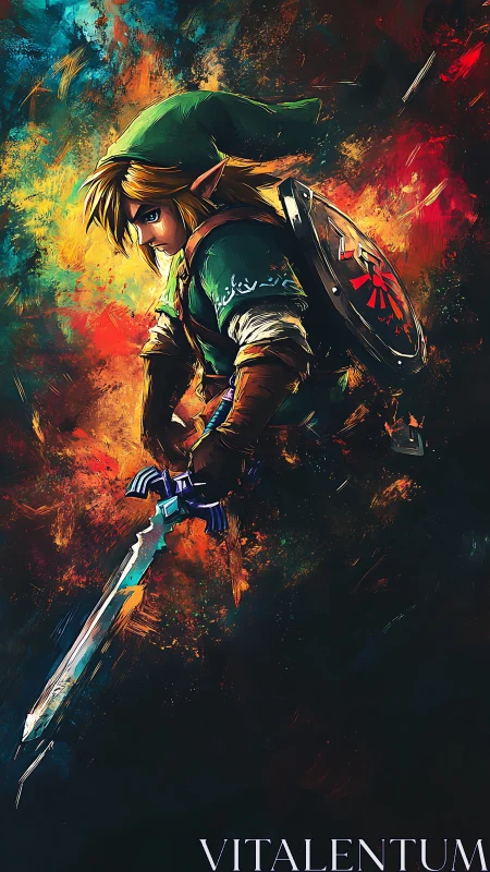 Heroic elf warrior poised with sword amid blazing colors.