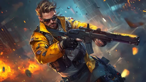 Fearless action hero charging through the neon firestorm.