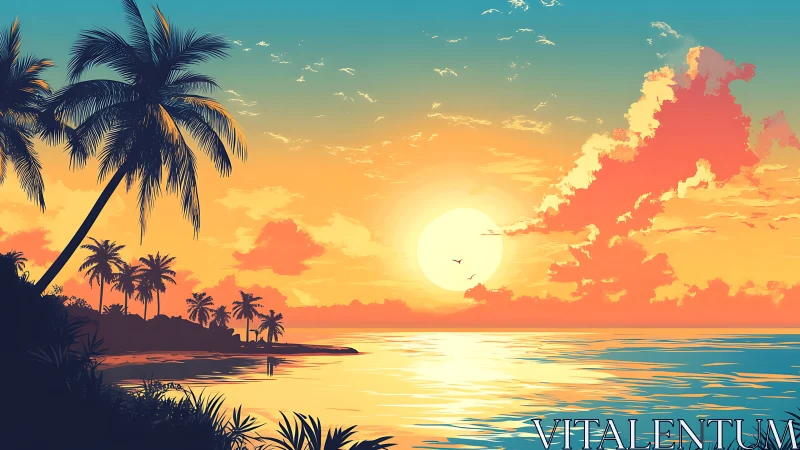 Sun-drenched island horizon glows beneath painted palm skies.