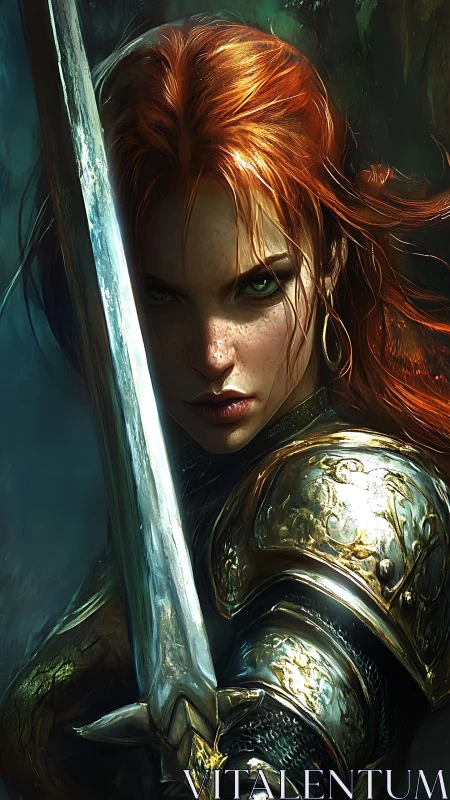 Armored warrior holds sword in frontal, close cropped view