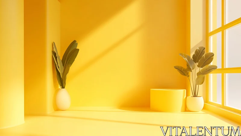 Yellow interior corner shows plants in white vases and light