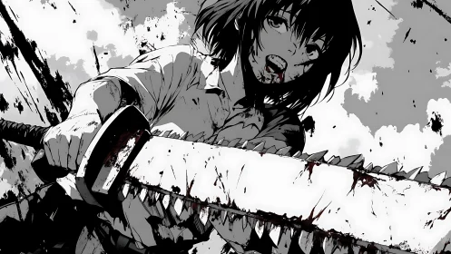 Girl grips bloodstained chainsaw in high contrast manga scene