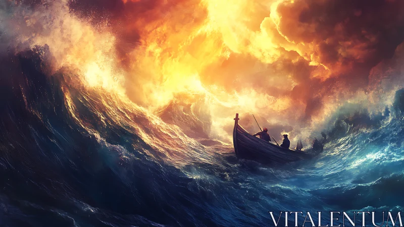 Storm-tossed longboat under blazing apocalyptic sky.