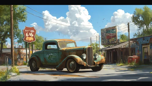 Rusty vintage coupe rests under bright summer roadside sky