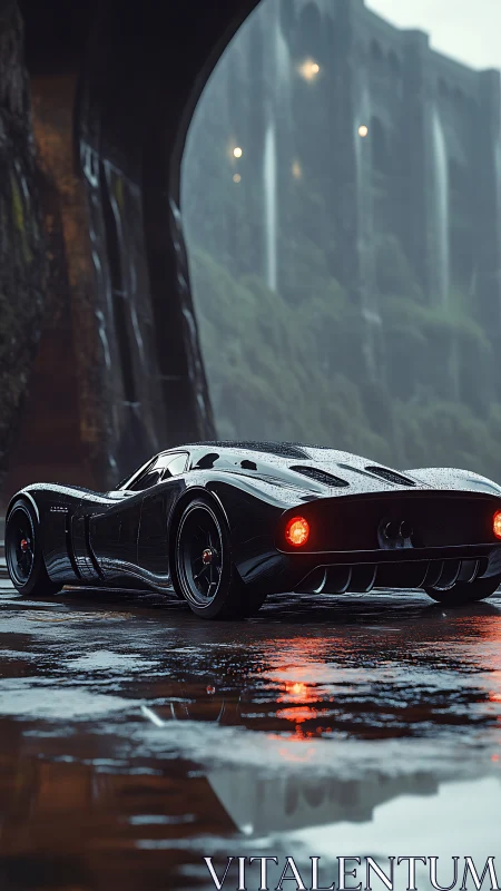 Low black sports car stands on wet tunnel road at dusk