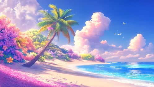 Tropical Beach Landscape with Palm Tree and Flowering Vegetation