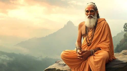 Serene orange-robed sage in misty mountain sunrise meditation.