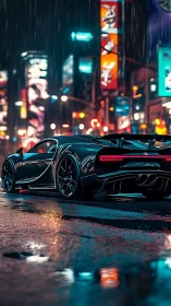Hypercar rear profile in neon‑lit rainy urban streetscape.