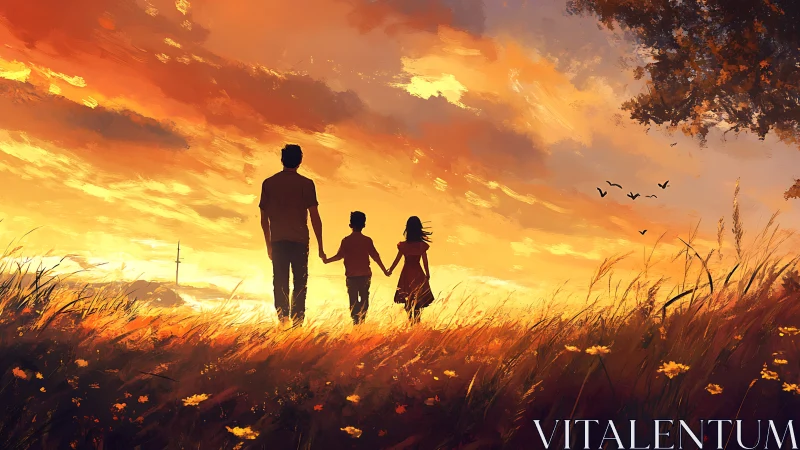 Family stroll beneath a golden sunset sky, held in warm light.