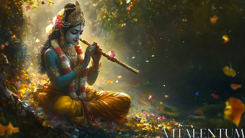 Krishna in forest light plays flute among drifting petals.