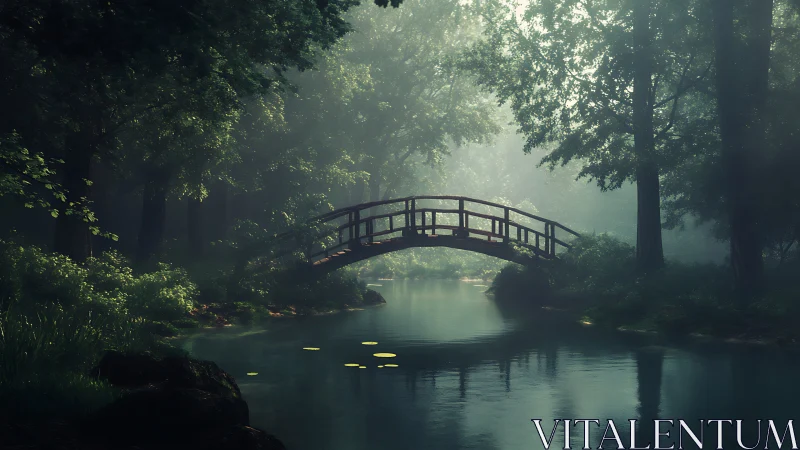 Misty woodland bridge spans tranquil reflective forest river.