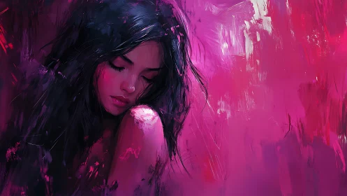 Melancholic woman bathed in vivid magenta brushstrokes.