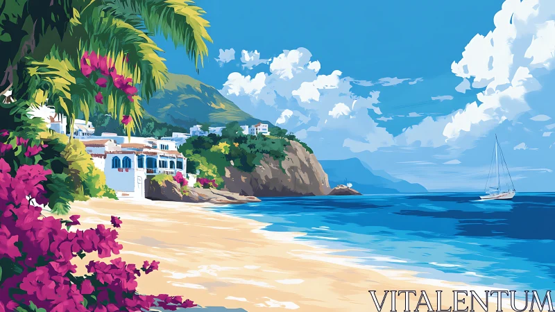 Sunlit seaside village wrapped in flowers and blue water.