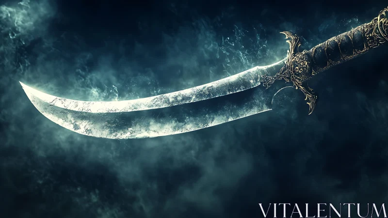 Moonlit warblade curves through storm-tossed spectral mist.