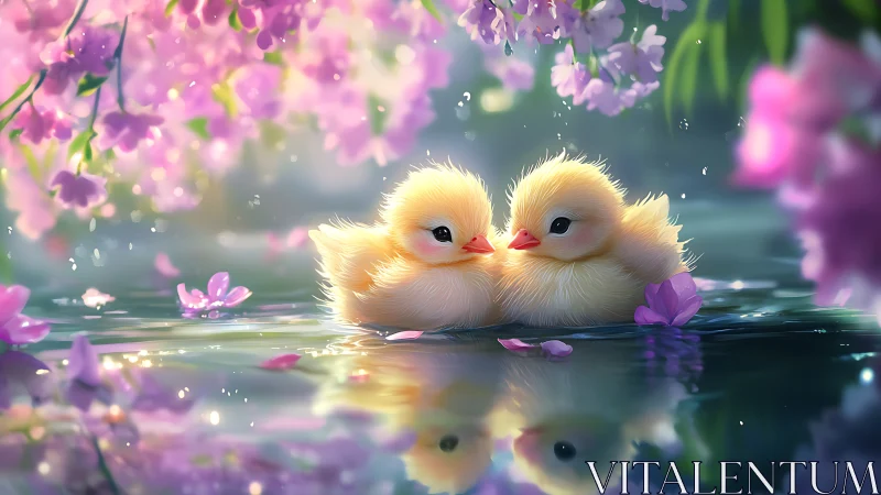 Two ducklings float on reflective water under pink blossoms