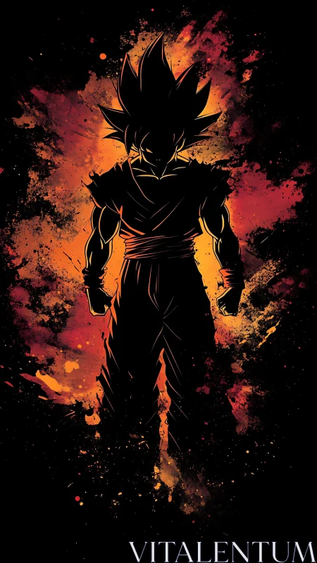 Silhouetted warrior in fiery chromatic energy field composition.