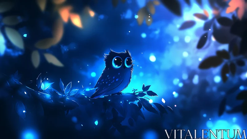 Gentle blue owl rests in a softly glowing moonlit forest