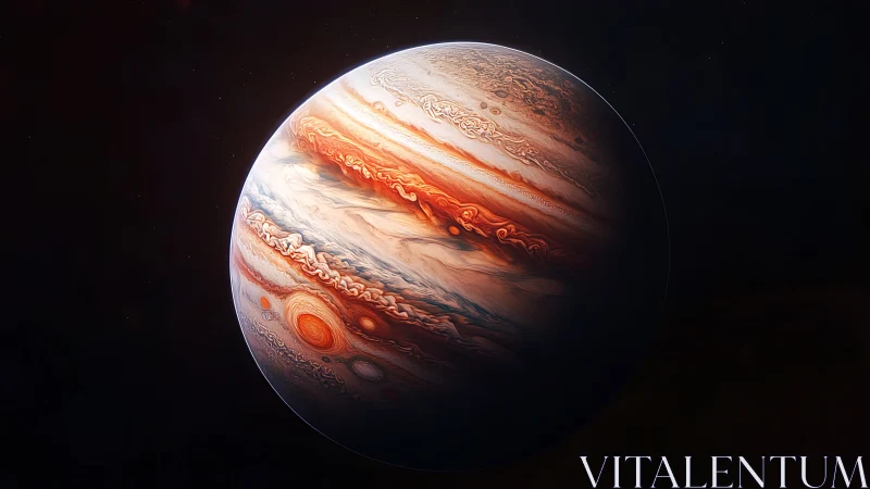 Jupiter gas giant with detailed bands and red storms.
