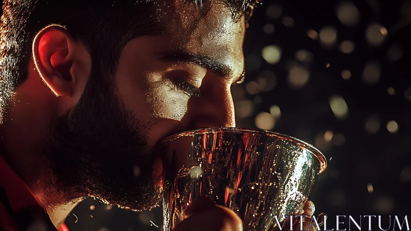 Photorealistic close-up portrait with triumphant trophy lighting.