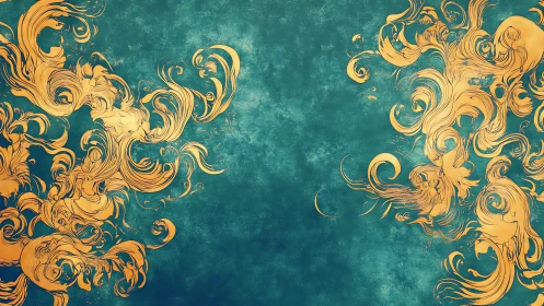 Ornate gold flourishes on textured teal abstract background.