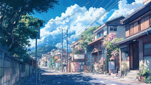 Sunlit Japanese street scene rendered in high-detail digital anime